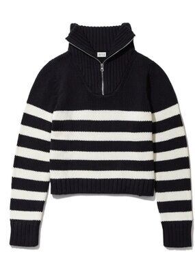 KULE Blue &Cream Striped Ribbed Half-Zip Pullover Size L NWT